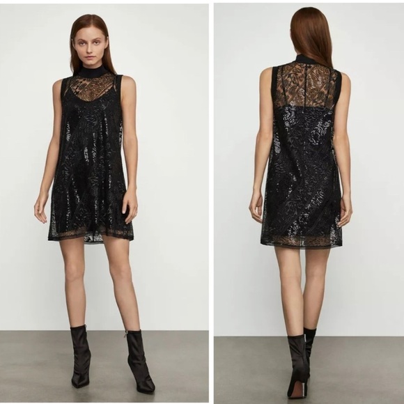 NEW BCBGMAXAZRIA SEMI-SHEER LACE MINI DRESS - Picture 1 of 9